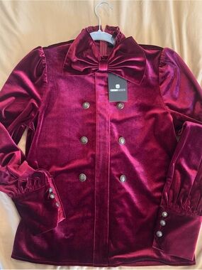 Velvet Bow Collar Double-Breasted Jacket in Deep Burgundy